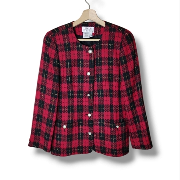 Talbots Red Plaid Wool Blazer 8P | Heritage Preppy Old Money Holiday Classic - Picture 2 of 9